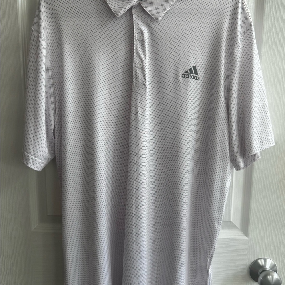 Adidas White with Red & Blue Polka Dots Performance Polo Golf Shirt